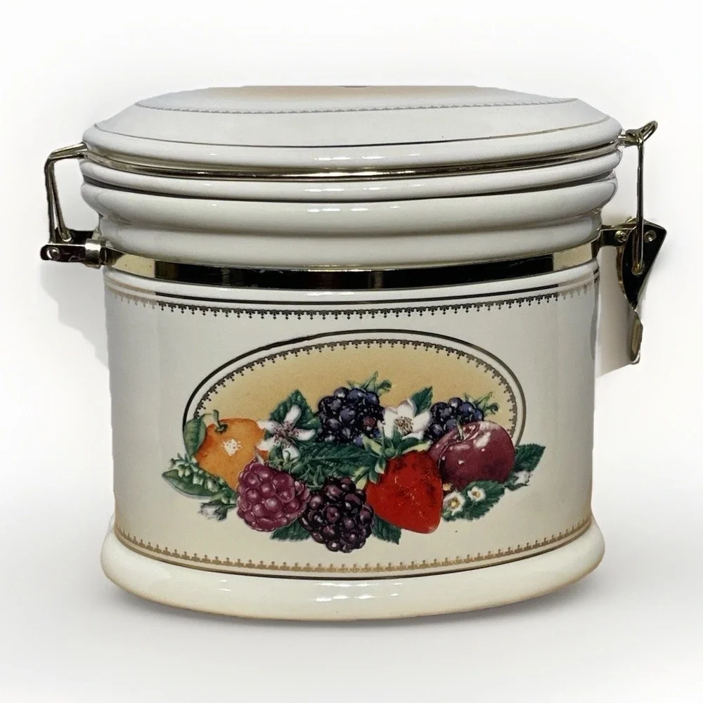 🍇Vintage Knott's Berry Farm Foods‎ Ceramic Canister with Brass Style Hinged Lid
